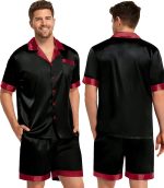 SWOMOG Couples Matching Pajama Set Silk Satin Short Sleeve Pjs Set Top and Shorts Sleepwear Soft Button-Down Loungewear - Image 3